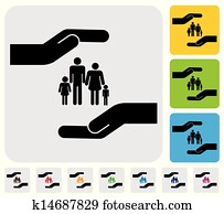 Hand protecting family(parents and children)- simple vector graphic. This illustration represents concept of safety of father, mother, son & daughter, family health insurance, personal insurance, etc