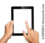 hands holding and touching on tablet pc isolated