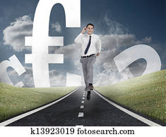 Happy businessman running on a road with euro currency