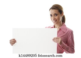 happy businesswoman holding billboard with text space