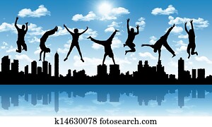 happy jumping people with a city silhouette happy jumping people with a city silhouette