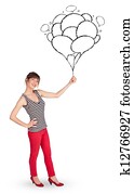 Happy woman holding balloons drawing Happy woman holding balloons drawing