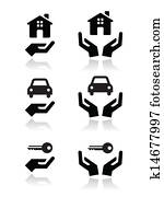 hogar, coche, llaves, con, manos, iconos