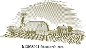 holzschnitt, scheune, und, windmühle holzschnitt, scheune, und, windmühle