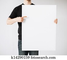 hombre, con, blanco, panel blanco