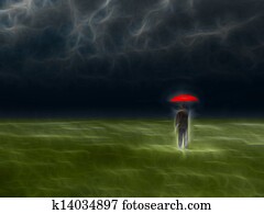 hombre, con, paraguas rojo, debajo, tormenta se reuniendo