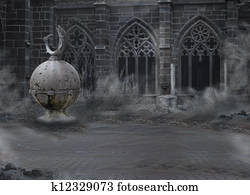 Horror. Medieval Mystic Spooky Castle with Archway in Dusk. Desolation in Mist