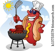Hot Dog Cartoon Character Grilling Hot Dog Cartoon Character Grilling