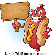 hot dog, karikatur, halten, holzvorzeichen hot dog, karikatur, halten, holzvorzeichen