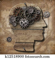 Human brain made of rusty metal gears and hogs over grunge circuit plate Human brain made of rusty metal gears and hogs over grunge circuit plate