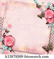 hälsningskort, med, blomstrar, fjäril, på, pappers- rosa färg, årgång, bakgrund