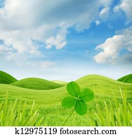 idyllic, primavera, paisagem, com, quatro, folhas, trevo