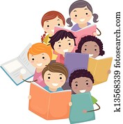Illustration of Stickman Kids reading Books Illustration of Stickman Kids reading Books