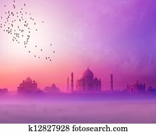 india., טאג' מאהל, שקיעה, silhouette., tajmahal, ארמון, ב, שמיים של שקיעה