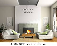 interior lar, com, lareira, e, sofás, 3d, fazendo