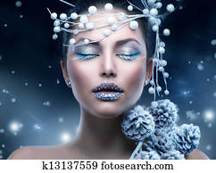 inverno, beleza, Woman., natal, menina, maquilagem