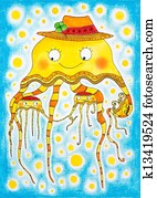 Jellyfish family, child's drawing, watercolor painting on paper Jellyfish family, child's drawing, watercolor painting on paper