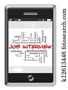 Job Interview Word Cloud Concept on Touchscreen Phone Job Interview Word Cloud Concept on Touchscreen Phone