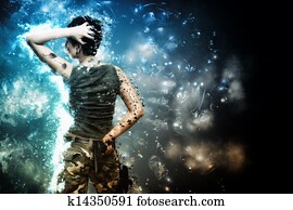 jovem, femininas, herói, luta, e, segurando, um, arma