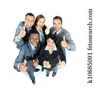 joven, grupo de empresarios, actuación, pulgares arriba, señales, en, alegría