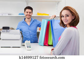 kasserer, ræk ræk, shopping bag, til, kunde