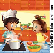 kinder, kochende, an, dass, kueche kinder, kochende, an, dass, kueche