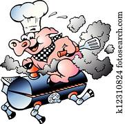 küchenchef, schwein, reiten, ein, grillspass, fass küchenchef, schwein, reiten, ein, grillspass, fass