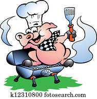 küchenchef, schwein, stehen, auf, a, grillspass, fass küchenchef, schwein, stehen, auf, a, grillspass, fass