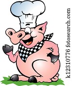 küchenchef, schwein, stehen, und, zeigen küchenchef, schwein, stehen, und, zeigen