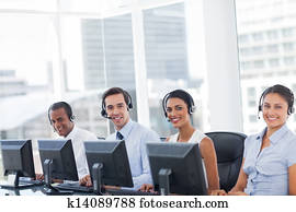 lijn, van, roepen centrum, werknemers, het glimlachen