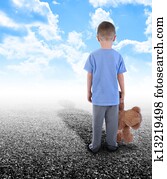 Lonely Boy Standing Alone with Teddy Bear