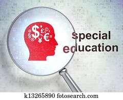 Magnifying optical glass with Finance Symbol icon and Special Education word on digital background, 3d render