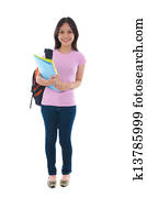 malaiisch, hochschule, weiblicher student, mit, weißer hintergrund