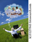 Man Dreaming Family Vacation Holiday Desk Green Field