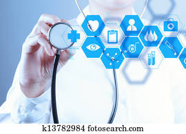 medicina, doutor, mão, trabalhando, com, modernos, computador, interface