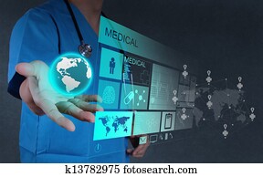 medicina, doutor, trabalhando, com, modernos, computador, interface