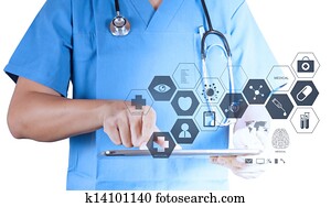 Medicine doctor working with modern tablet computer and virtual interface as medical concept