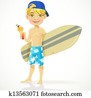 menino adolescente, com, bebida, e, surfboard