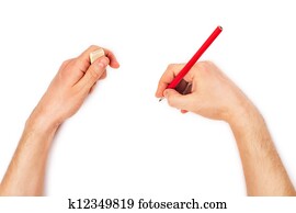 menselijke handen, met, potlood, en, raderen, rubber, writting, iets