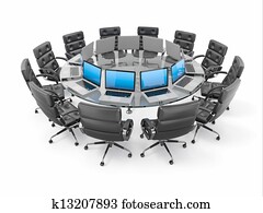 mesa de conferencia, con, computadoras portátiles, y, sillones