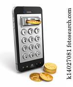 Mobile phone payment. Payphone keyboartd and coins. Mobile phone payment. Payphone keyboartd and coins.