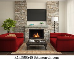 Modern interior with red sofas and fireplace Modern interior with red sofas and fireplace