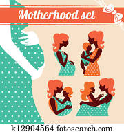 moderskap, set., silhouettes, av, mor och baby