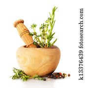 Mortar with fresh herbs Mortar with fresh herbs