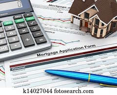 Mortgage application form with a calculator and house. Mortgage application form with a calculator and house.