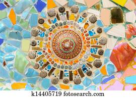 Mosaic ceramic abstract wall in Wat Phasornkaew Thai temple.