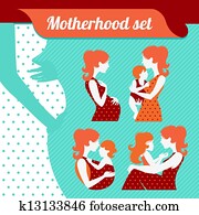 Motherhood set. Silhouettes of mother and baby