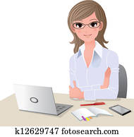 mujer joven, en el escritorio, con, espacio de copia