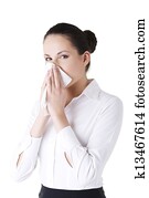 mulher, com, alergia, ou, gelado