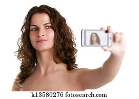 mulher, fazendo exame um retrato, com, um, telefone pilha mulher, fazendo exame um retrato, com, um, telefone pilha
